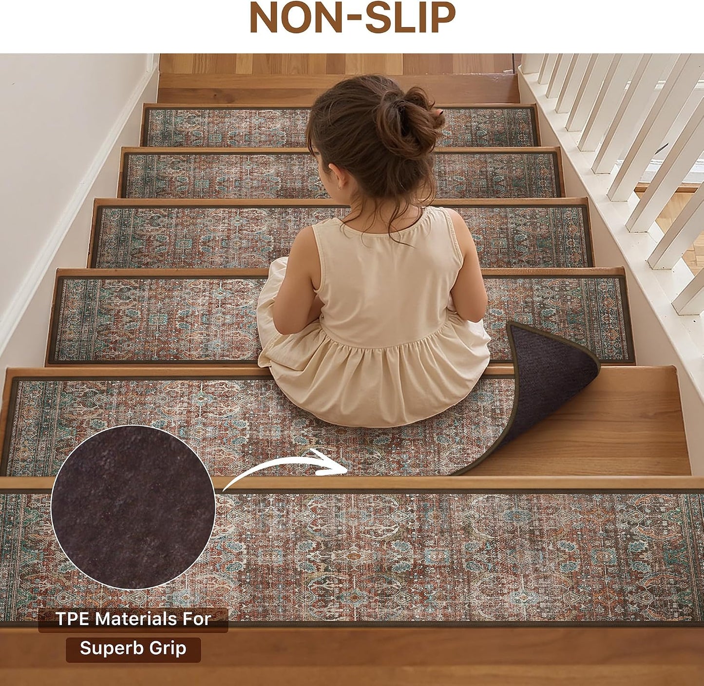 sarben Non Slip Stair Treads for Wooden Steps 15PCS - 8"x30" Indoor Safety Carpet, Edging Mats with TPE Adhesive Backing, Pet and Elderly Friendly Stair Rugs (Taupe) - Colors A