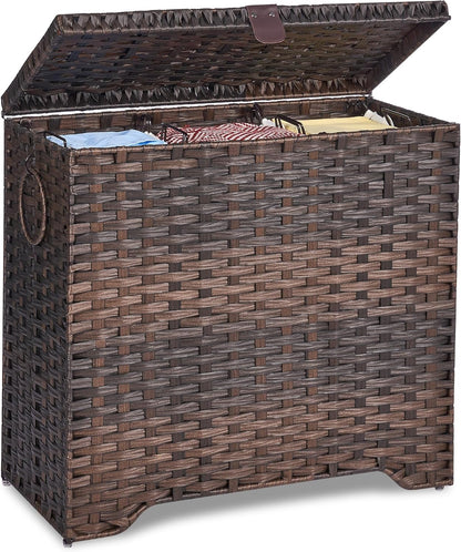 130L Laundry Hamper with Lid, 3 Section Laundry Hamper with 3 Removable Liner Bags, Large Wicker Laundry Basket with 4 Mesh Laundry Bags, Clothes Hamper for Laundry Room, Bedroom, Bathroom