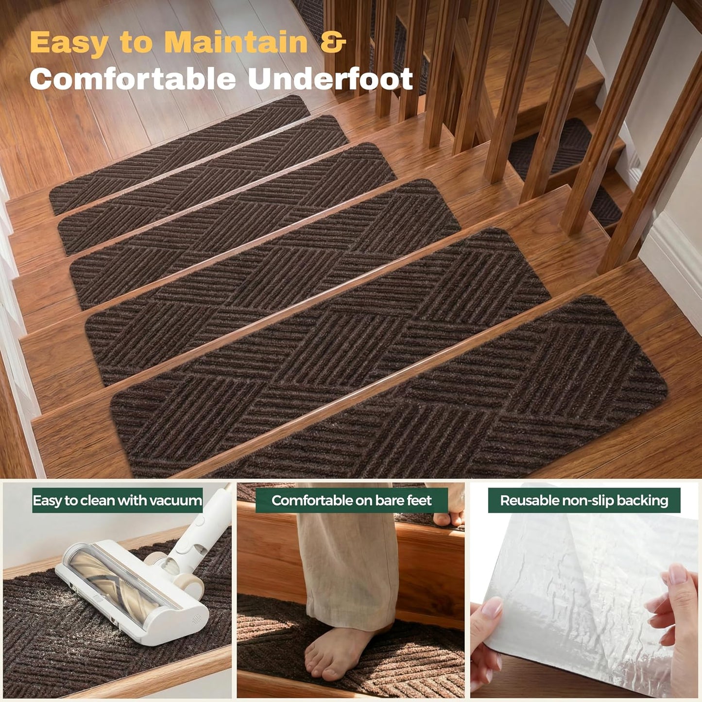 MBIGM 8" X 30" (15 in Pack) Non-Slip Carpet Stair Treads Non-Skid Safety Rug Slip Resistant Indoor Runner for Kids Elders & Pets with Reusable Adhesive - Dark Gray Diamond Weave