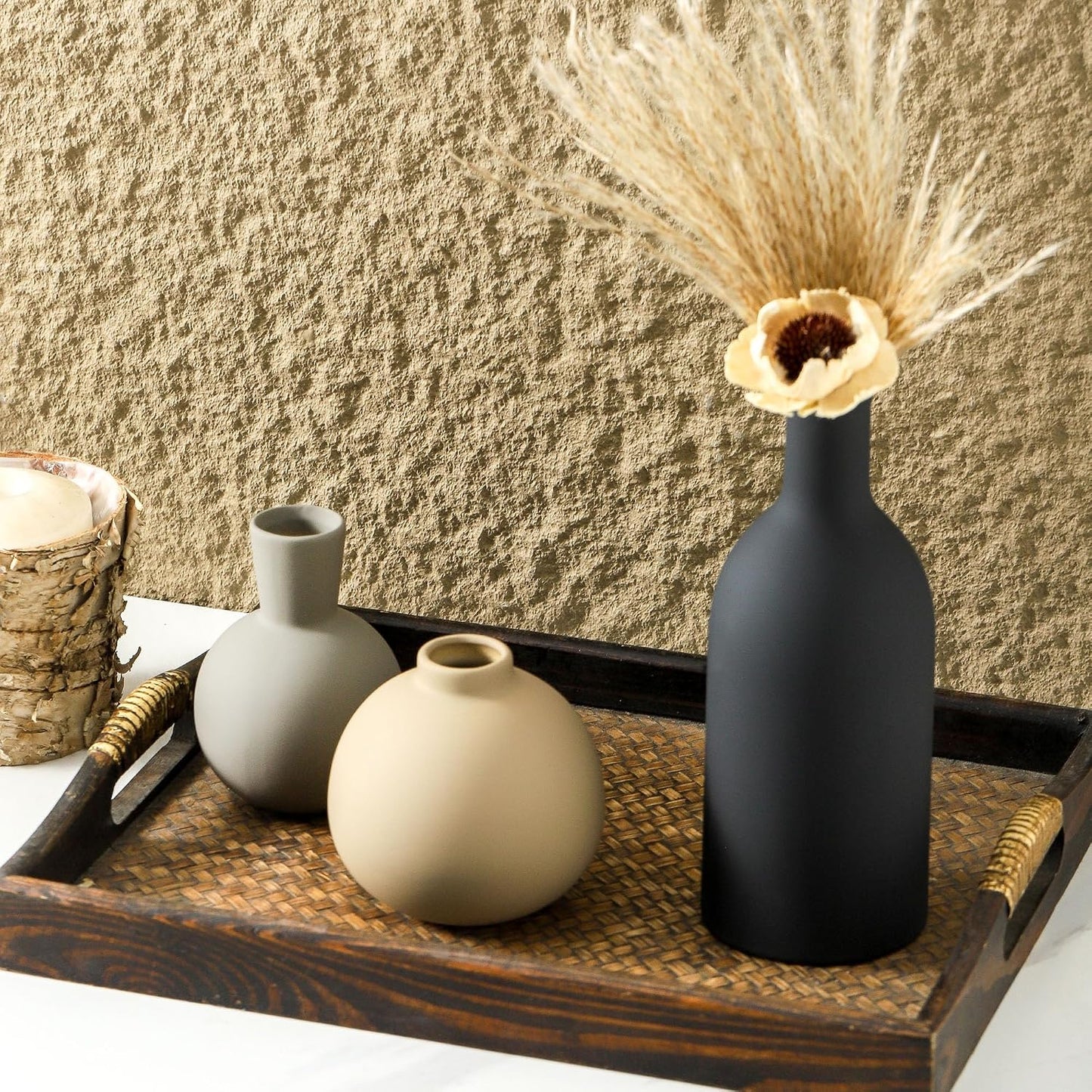 Ceramic Vase Set of 3, Decorative Vases Home Decor Modern Neutral Flower Pampass Boho Vase for Living Room, Table, Mantel, Entryway, Bookshelf, Kitchen, Bedroom, Bathroom - White