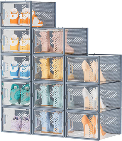 Shoe Storage, 12 Pack X-Large Shoe Organizer for Closet, Shoe Boxes Clear Plastic Stackable Shoe Storage Boxes for Size 13