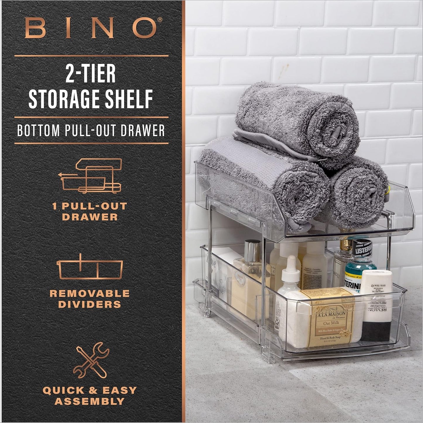 BINO 2 Tier Clear Storage Organizer with Dividers | Slide Out Drawer for Under Sink or Medicine Cabinet | Bathroom Closet, Vanity, Pantry Organizer | Under Cabinet Storage for Bathroom and Kitchen