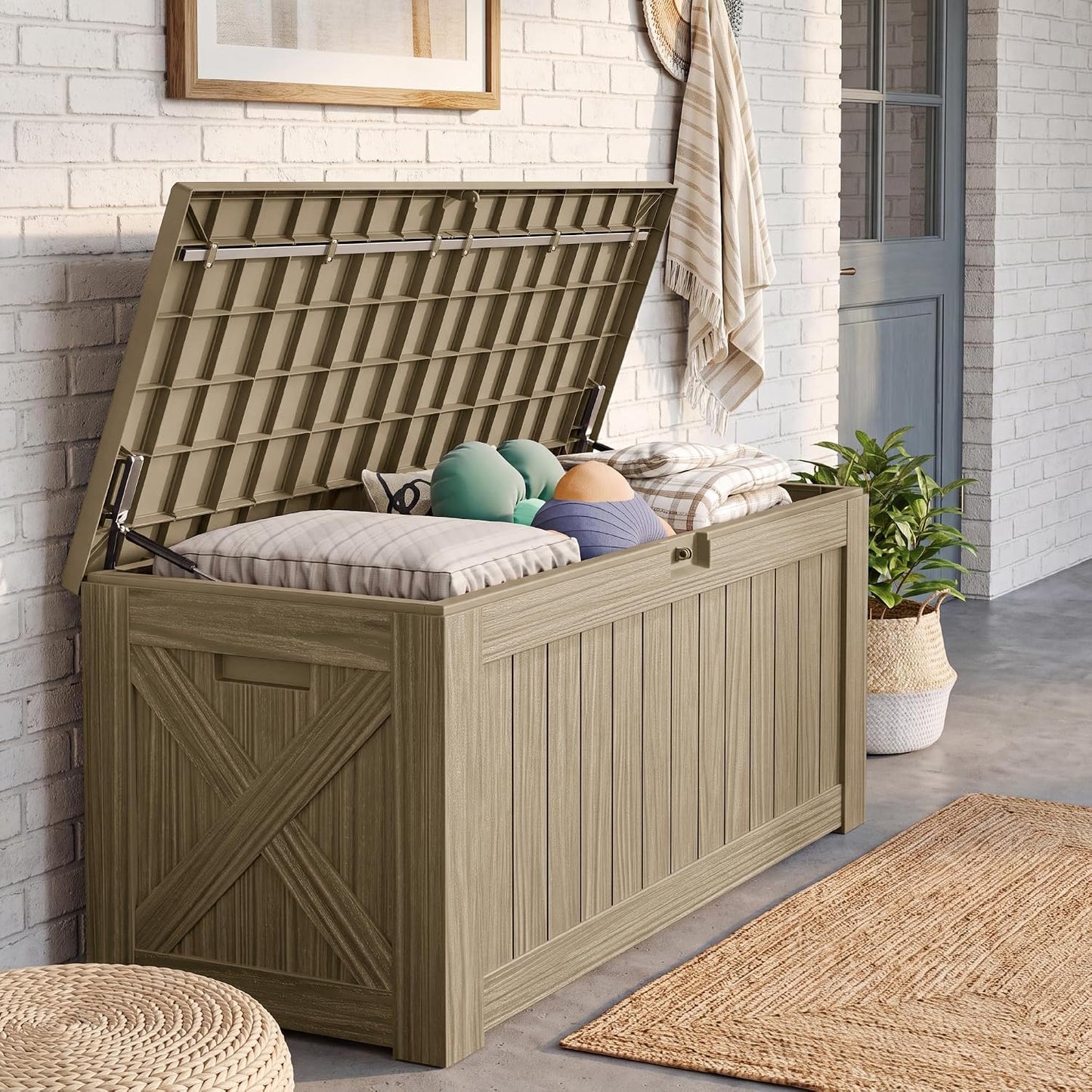 JUMMICO 31 Gallon Resin Deck Box Waterproof Indoor Outdoor Storage Boxes for Patio Furniture Cushions and Garden Tools (Brown)