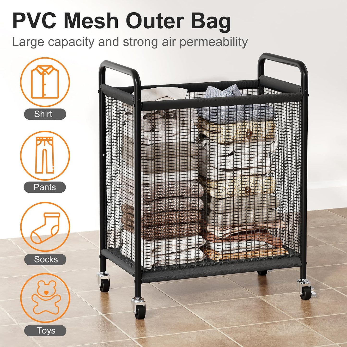 WOWLIVE Laundry Hamper 3 Section, 120L Rolling Laundry Basket with wheels and Removable Liner Bag, Laundry Sorter with Metal Handle, Large Clothes Hamper for Laundry Room, Bathroom and Dorm, Beige