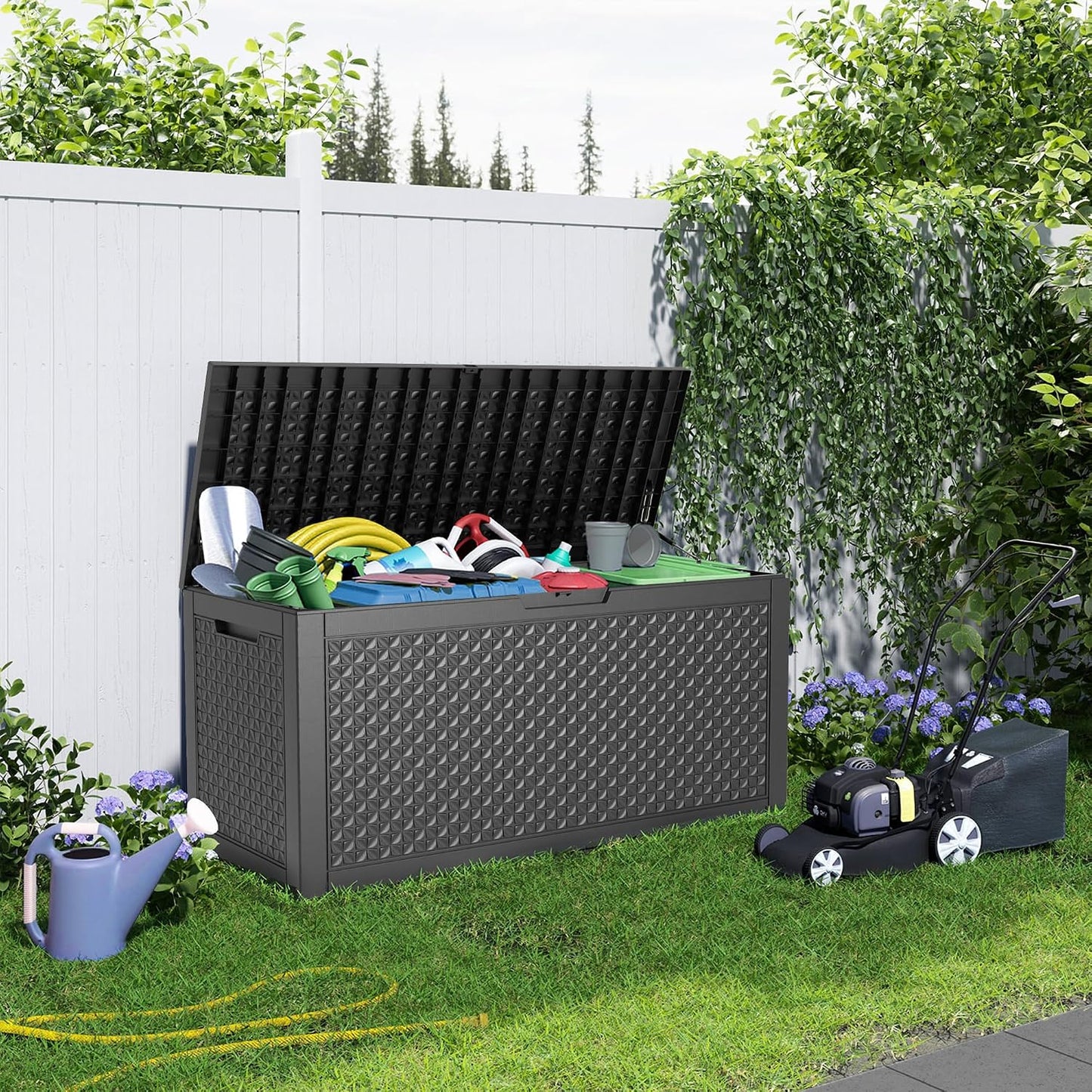 150 Gallon Waterproof Outdoor Storage Box,Resin Deck Box,Lockable Outside Storage Box Container for Patio Furniure,Garden,Tools (150 Gallon,Black)