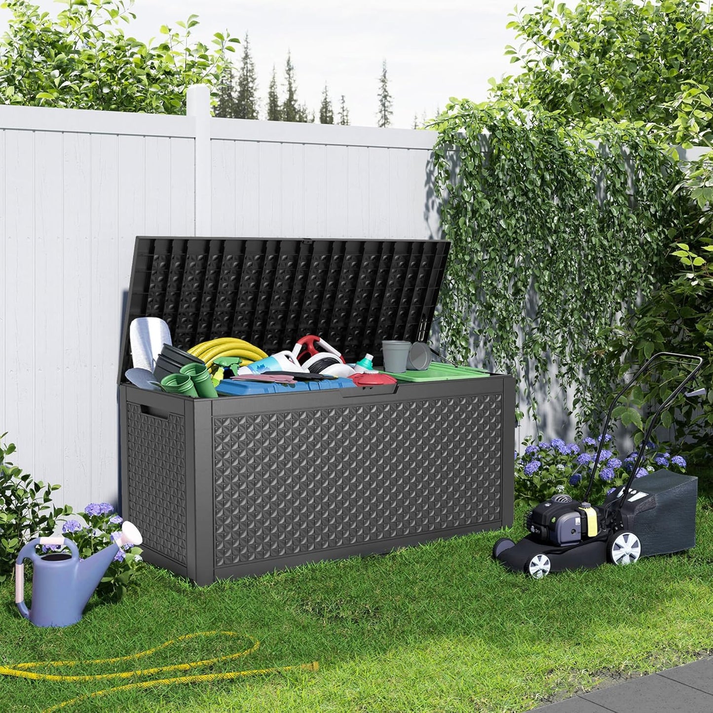 PatioZen 100 Gallon Resin Deck Box, Lockable Patio Outdoor Storage Box for Furniture, Garden Tools and Tools Storage, Waterproof Outside Storage Boxes - Black