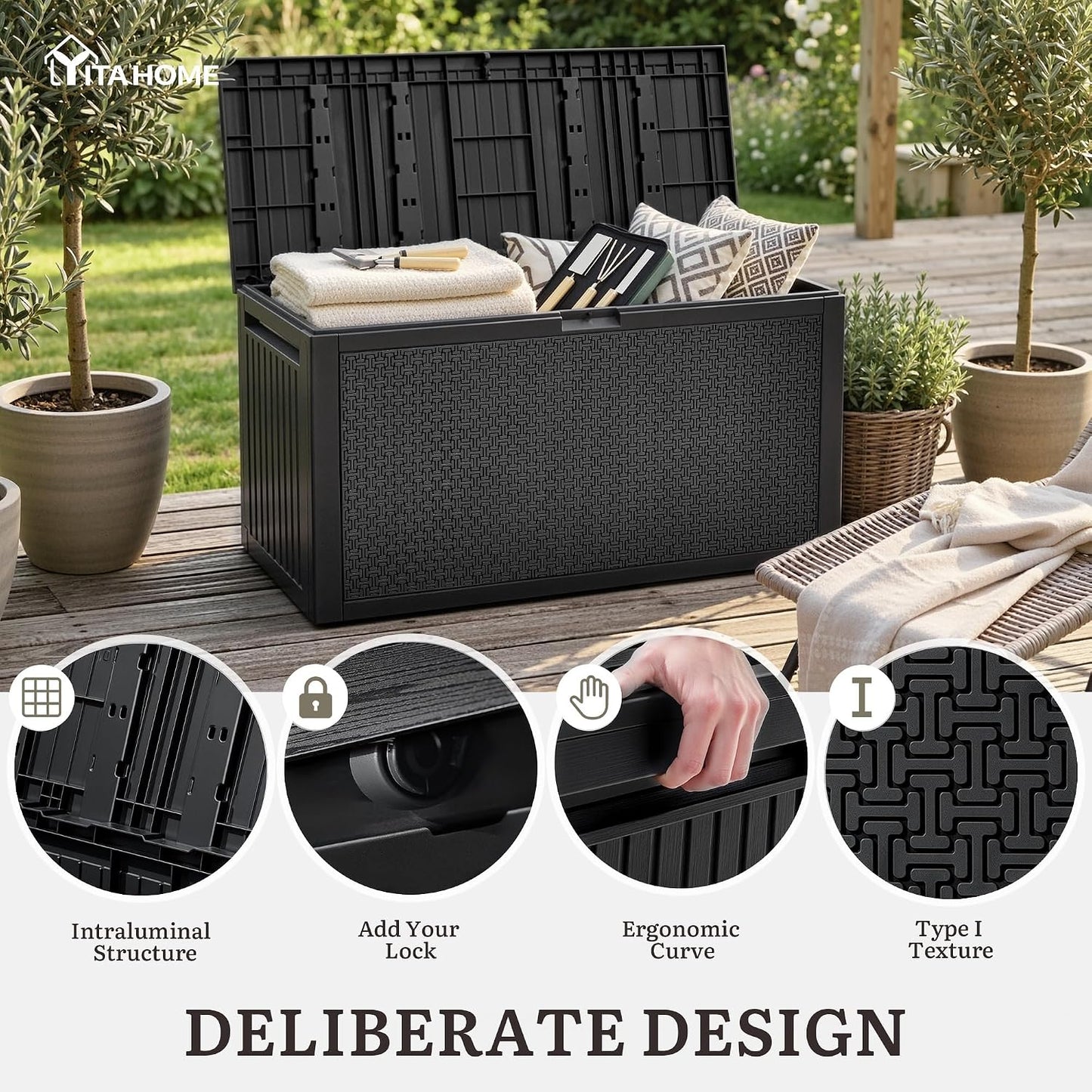 YITAHOME 100 Gallon Large Outdoor Deck Box | Waterproof Resin Storage Box, Lockable Indoor Outdoor Storage Container for Patio Furniture Cushions, Pool Accessories