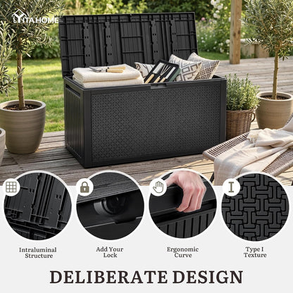 YITAHOME 100 Gallon Large Outdoor Deck Box | Waterproof Resin Storage Box, Lockable Indoor Outdoor Storage Container for Patio Furniture Cushions, Pool Accessories
