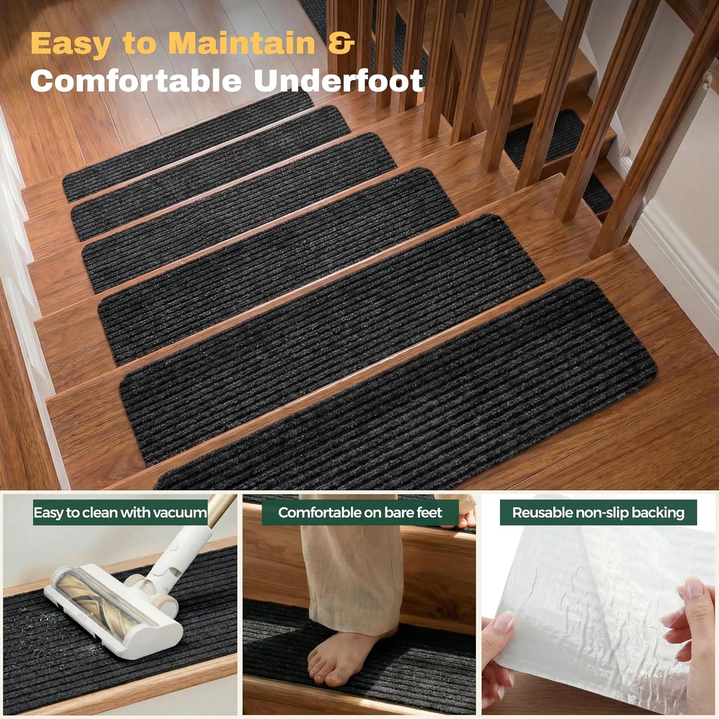 MBIGM 8" X 30" (15 in Pack) Nonslip Carpet Stair Treads Non-Skid Safety Rug Slip Resistant Indoor Runner for Kids Elders & Pets with Reusable Adhesive - Brown - Non Slip Stair Treads Indoor