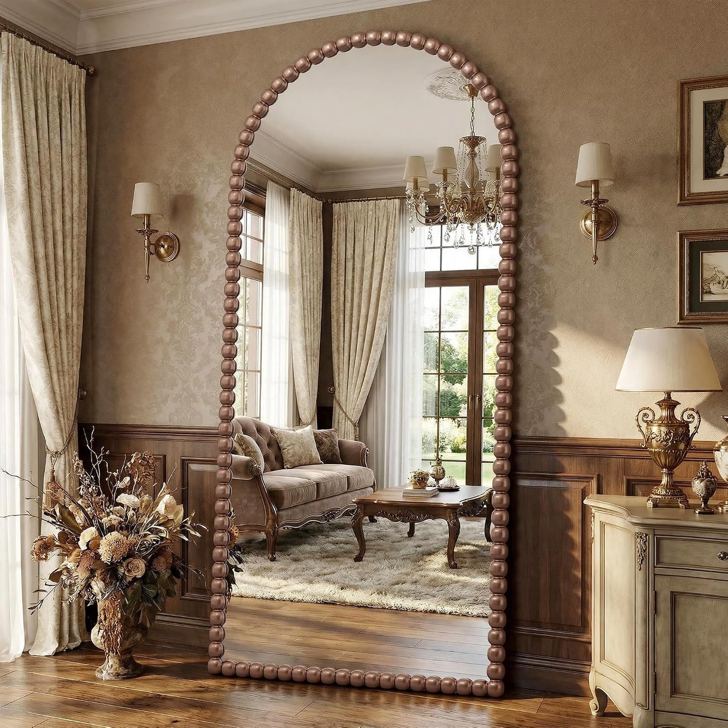 Antok 58" x 21" Arched Full Length Mirror, Antique Beaded Frame Floor Standing or Wall Mounted Mirror with Stand for Bedroom, Entryway, Brown, Luxury Style