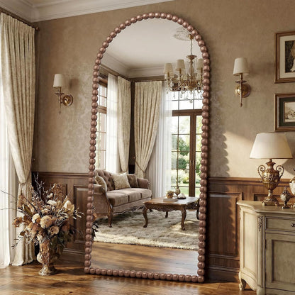Antok 58" x 21" Arched Full Length Mirror, Antique Beaded Frame Floor Standing or Wall Mounted Mirror with Stand for Bedroom, Entryway, Brown, Luxury Style