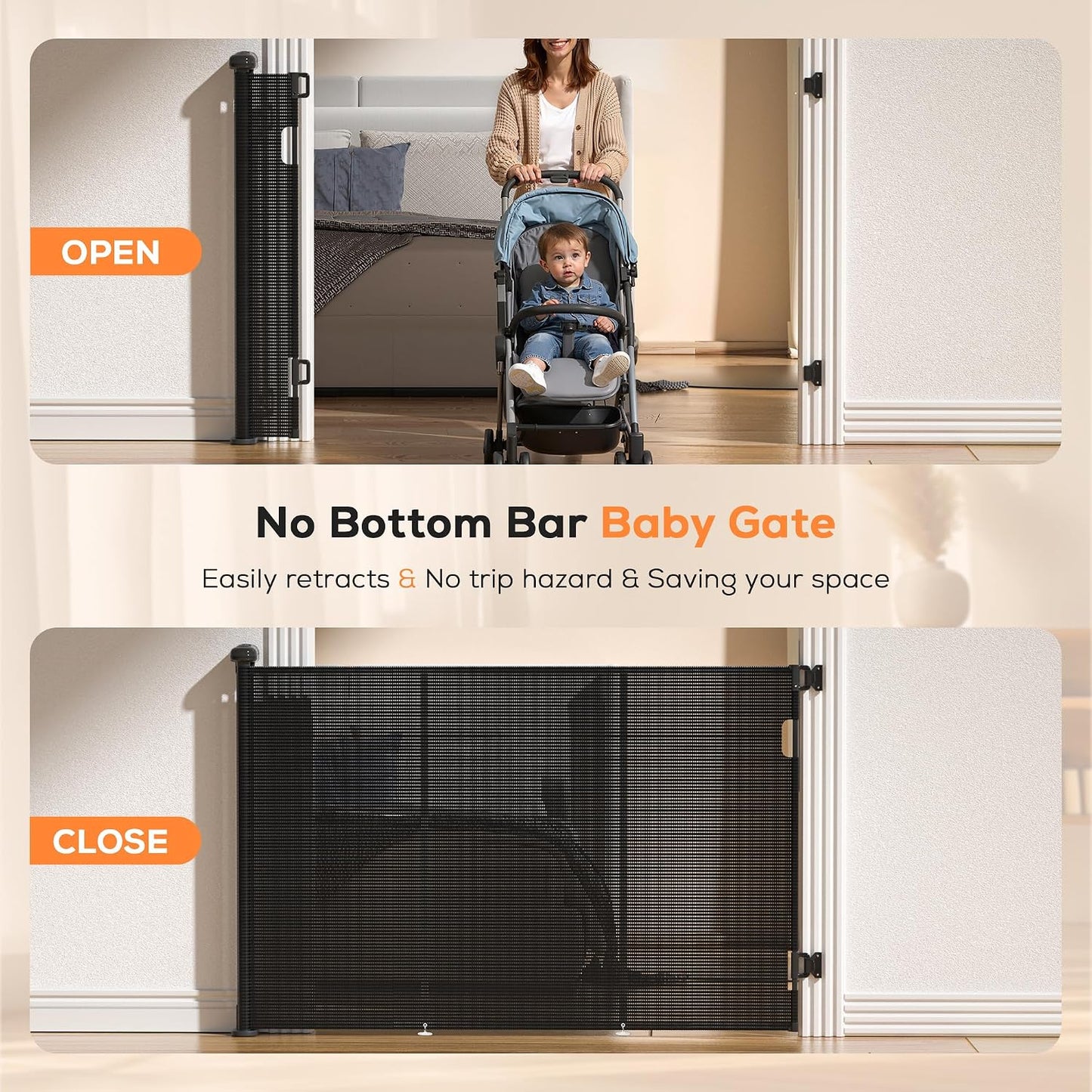 Retractable Baby Gate for Stairs, 42" Tall X 200" Wide Mesh Dog Gate Indoor, Child Gate for Doorways, Hallways, Deck, Indoor Outdoor Pet Baby Safety Essentials for Home, Black