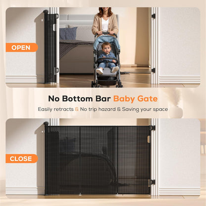 Retractable Baby Gate for Stairs, 42" Tall X 200" Wide Mesh Dog Gate Indoor, Child Gate for Doorways, Hallways, Deck, Indoor Outdoor Pet Baby Safety Essentials for Home, Black