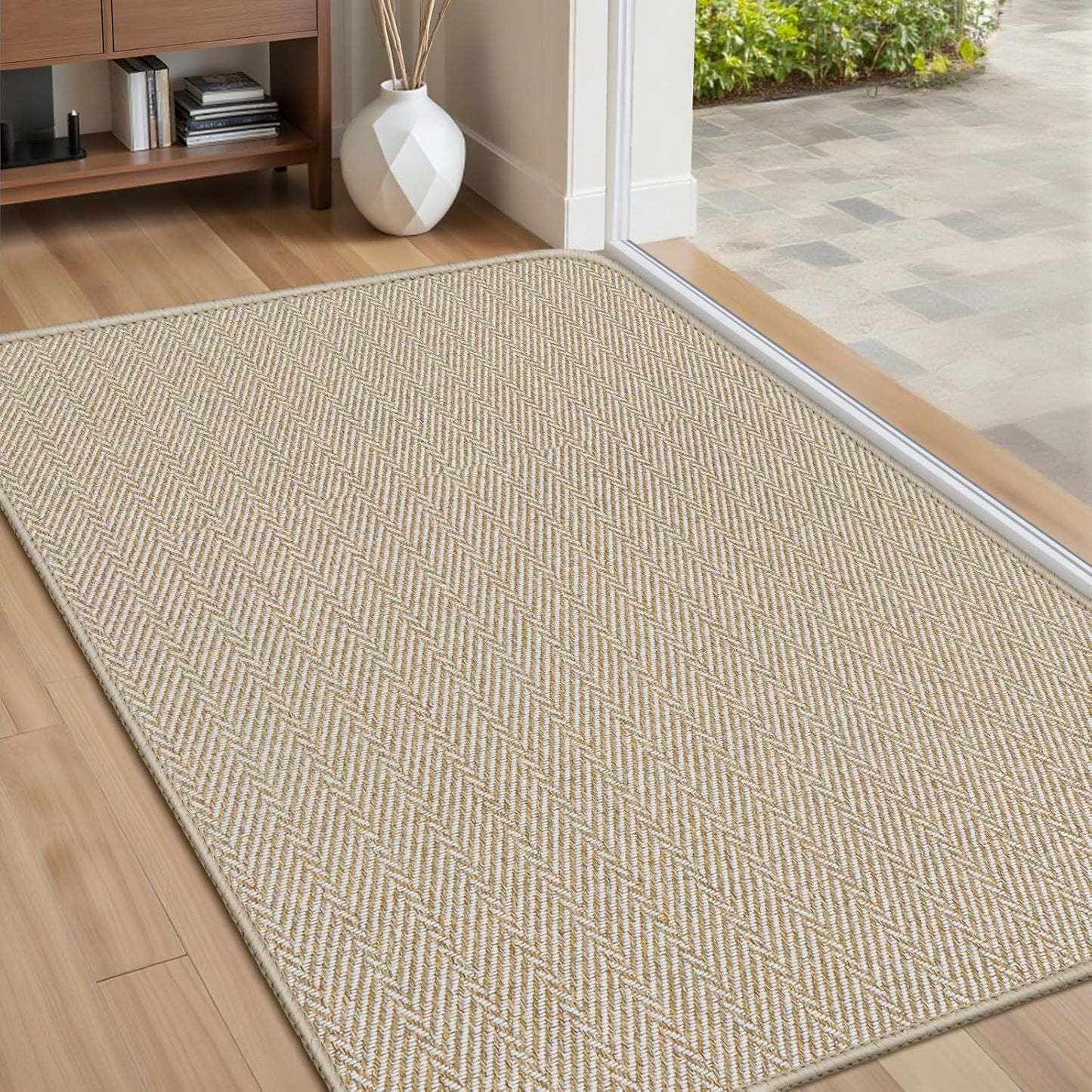Ultra Thin Door Mat Indoor Entrance 17"x29", Low-Profile Indoor Door Mat, Non Slip Entry Mat Rubber Backing Unique Herringbone Design Inside Doormat Dirt Trapper Entryway Mats, Beige