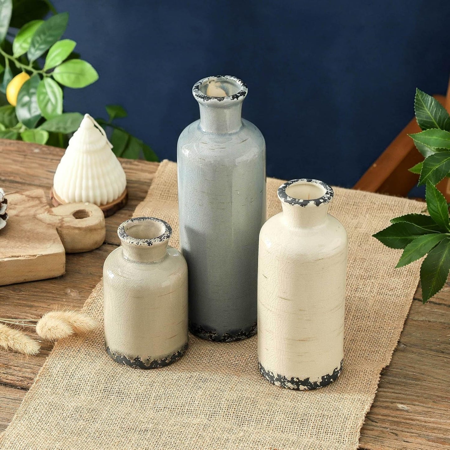 Ceramic Vase Set of 3, Neutral Flower Vases Home Decor, Pottery Rustic Farmhouse Decorative Vases Modern Decor for Table Mantel Entryway Bookshelf Living Room Kitchen Bedroom - Brown