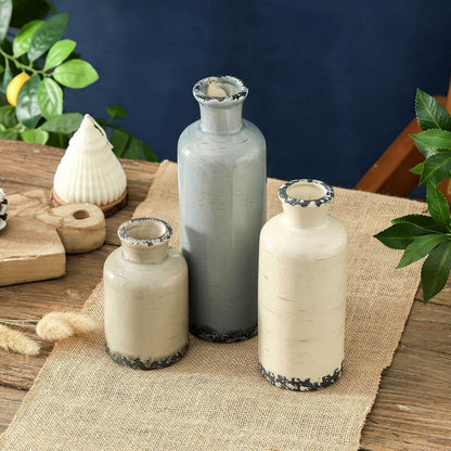 Ceramic Vase Set of 3, Neutral Flower Vases Home Decor, Pottery Rustic Farmhouse Decorative Vases Modern Decor for Table Mantel Entryway Bookshelf Living Room Kitchen Bedroom - Brown