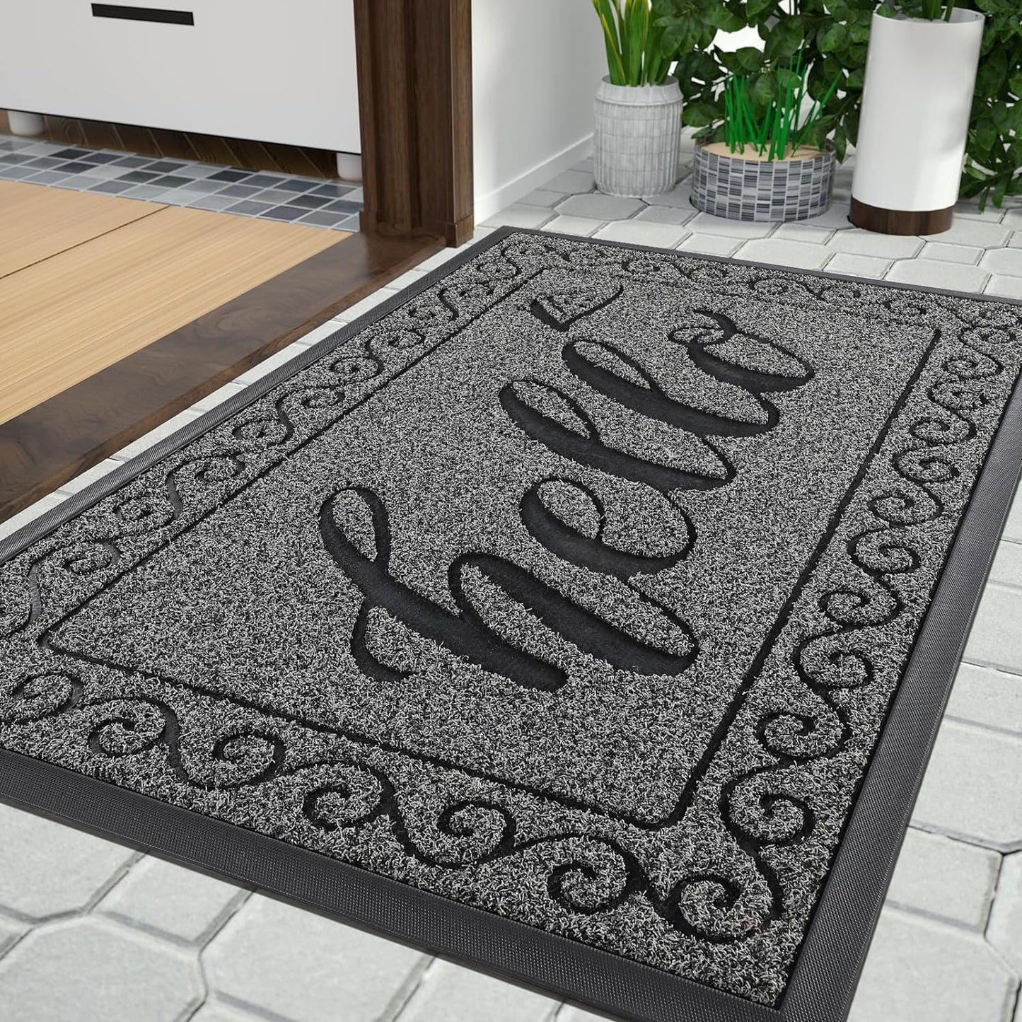 Yimobra Welcome Mat, Heavy Duty Sturdy Door Mats for Home Entrance Outdoor Indoor, Front Doormat for Outside Patio Floor Entry Porch Garage Office, Waterproof, Low Profile, 29.5x17, Black Grey