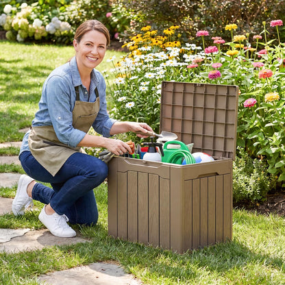 Flamaker Resin Deck Box 120 Gallon Waterproof Large Outdoor Indoor Storage Box Imitation Wood Resin for Patio Furniture Garden Tools and Pool (Black)