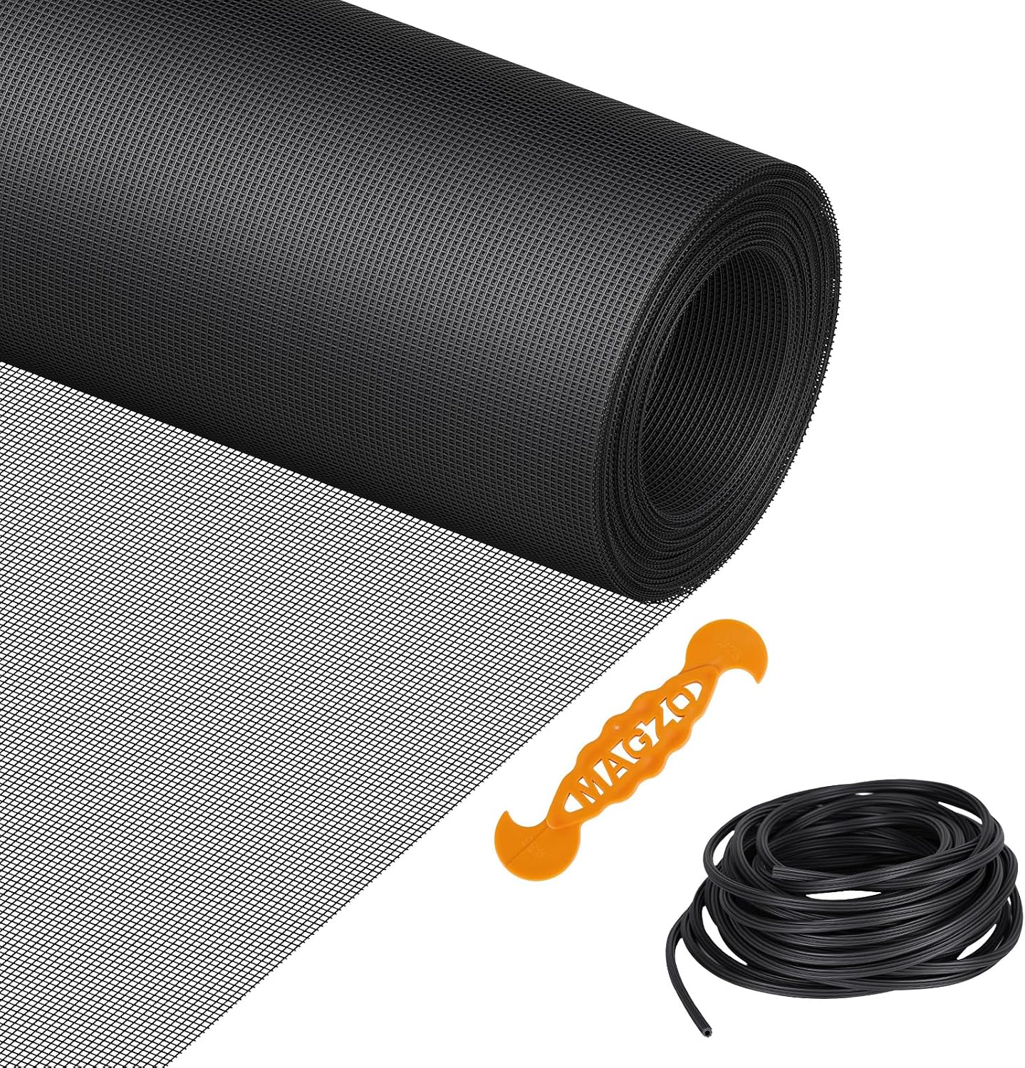 Window Screen Replacement Kit, 48"W × 99"L Durable Polyester Adjustable Screen Mesh with Retainer Spline (32ft) for DIY Project Window Screen Door Screen Replacement & Repair, Black