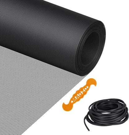Window Screen Replacement Kit, 48"W × 99"L Durable Polyester Adjustable Screen Mesh with Retainer Spline (32ft) for DIY Project Window Screen Door Screen Replacement & Repair, Black