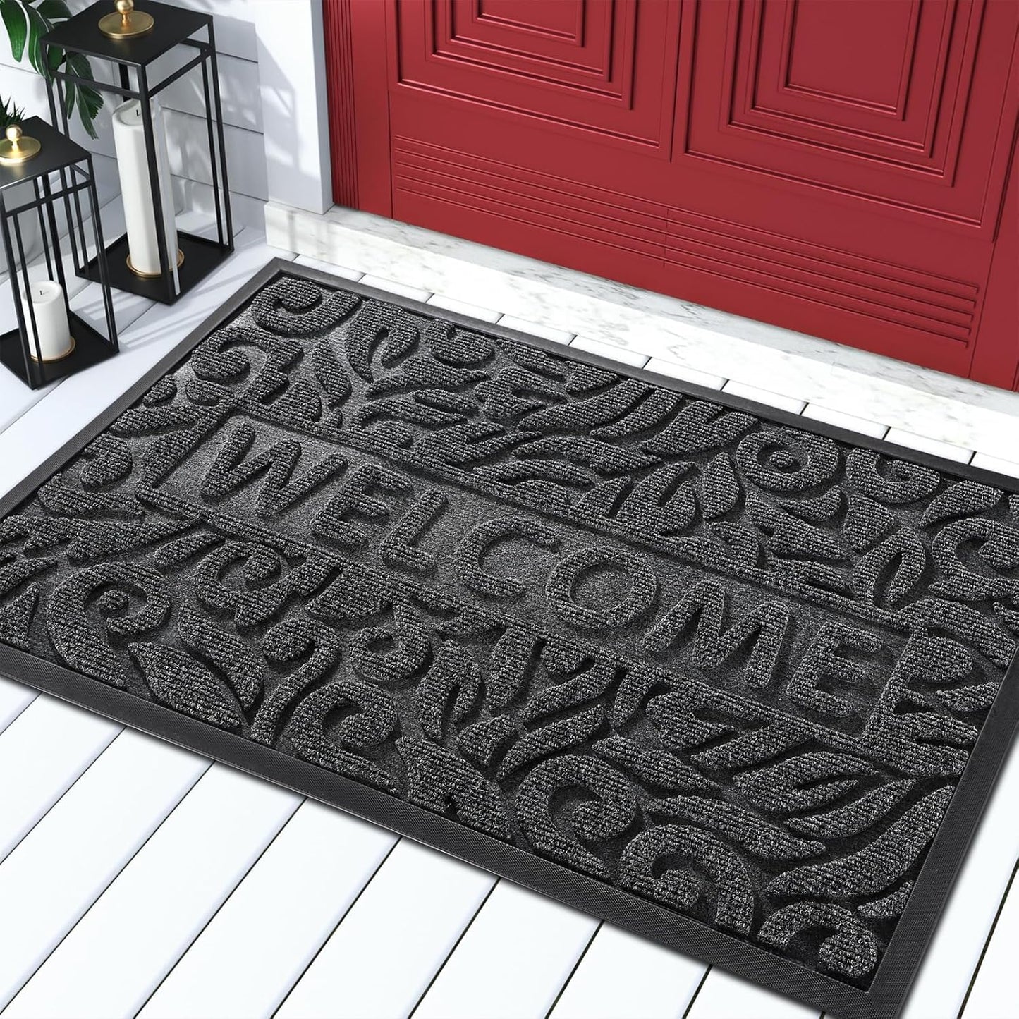 Yimobra Welcome Mat Outdoor 29.5x17, Waterproof Non-Slip Outdoor Mats for Front Door Outside Entrance, Low-Profile Entryway Mat Indoor for Garage Patio, Black