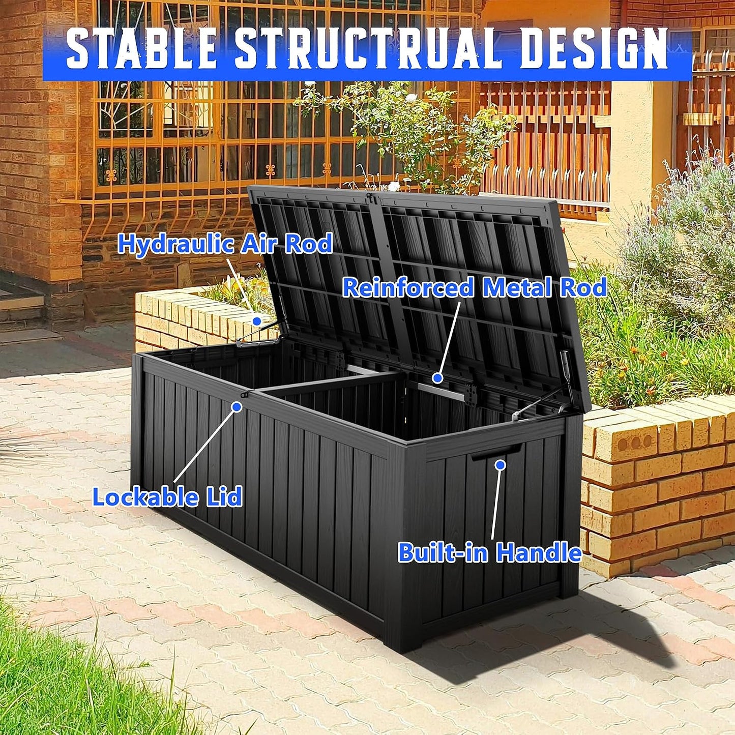 Outdoor Deck Storage Box,Resin Deck Boxes Indoor and outdoor, Waterproof Storage Box Lockable Lid (Black,35 Gallon)