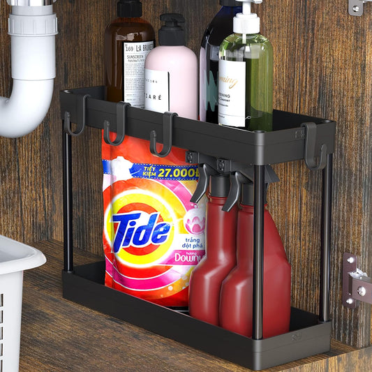 Simple Houseware 2-Tier Under Sink Organizer Storage Tray with Hooks, White