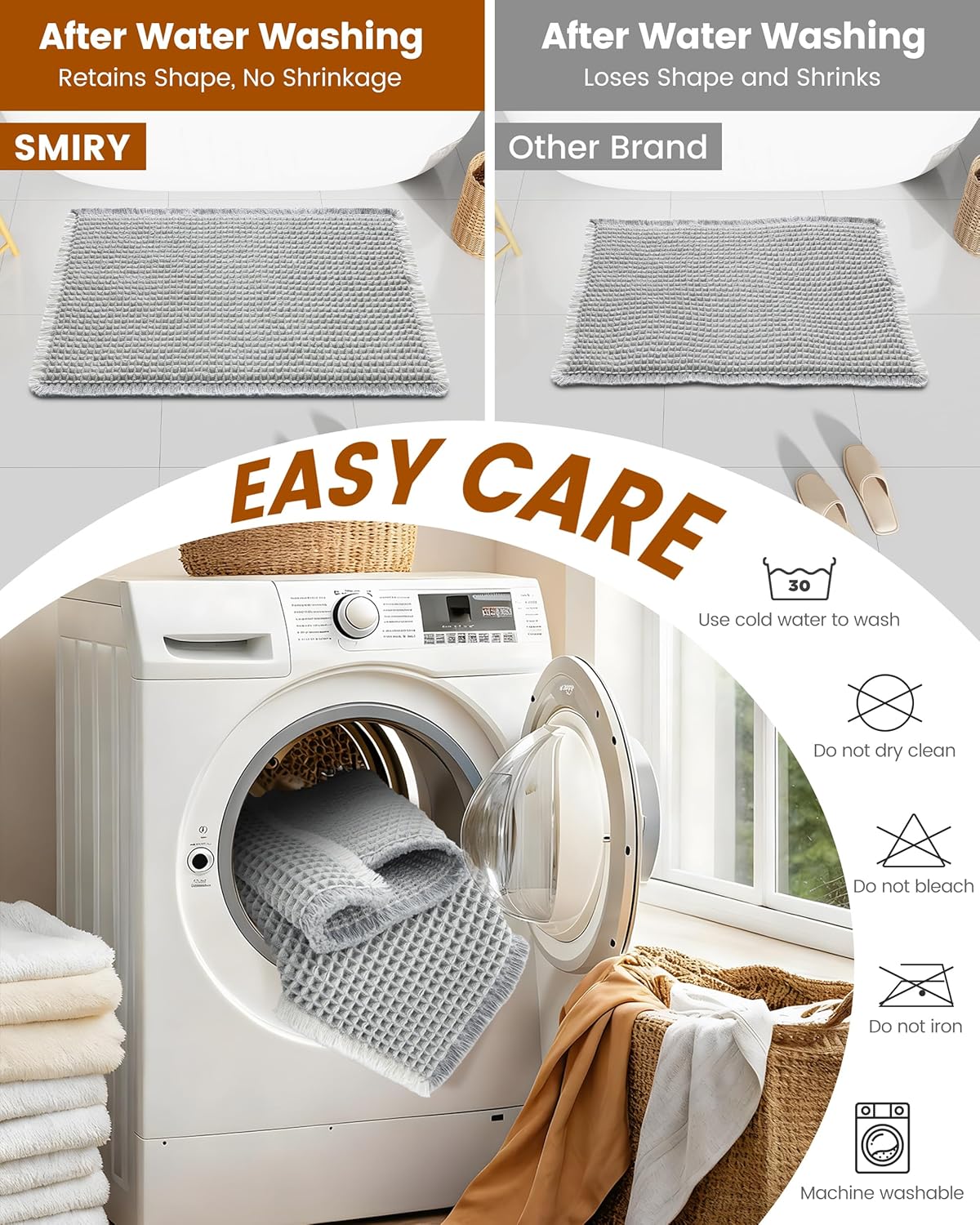 Smiry Waffle Bath Mat 30x20, Extra Soft Absorbent Bathroom Rugs, Non Slip Machine Washable Quick Dry Bath Rugs for Bathroom Floor, Tub, Shower, Home Decor Accessories, Brown