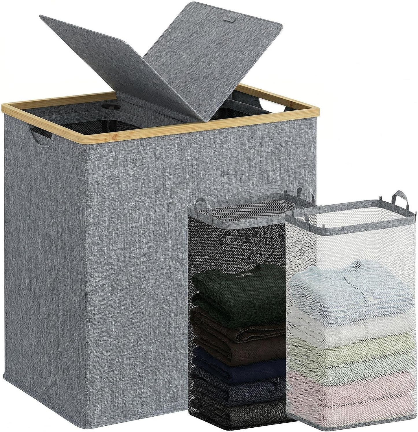 efluky Laundry Hamper with Lid, Trio Laundry Basket with 2 Removable Bags, 3 Section Laundry Bin with Bamboo Handles for Bathroom, Bedroom & Laundry Room, 160L (42.3 Gallon) Beige