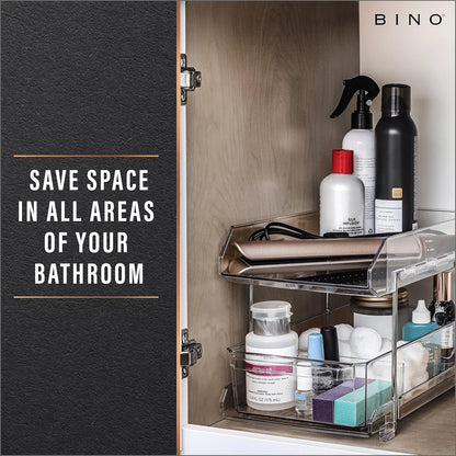 BINO 2 Tier Clear Storage Organizer with Dividers | Slide Out Drawer for Under Sink or Medicine Cabinet | Bathroom Closet, Vanity, Pantry Organizer | Under Cabinet Storage for Bathroom and Kitchen