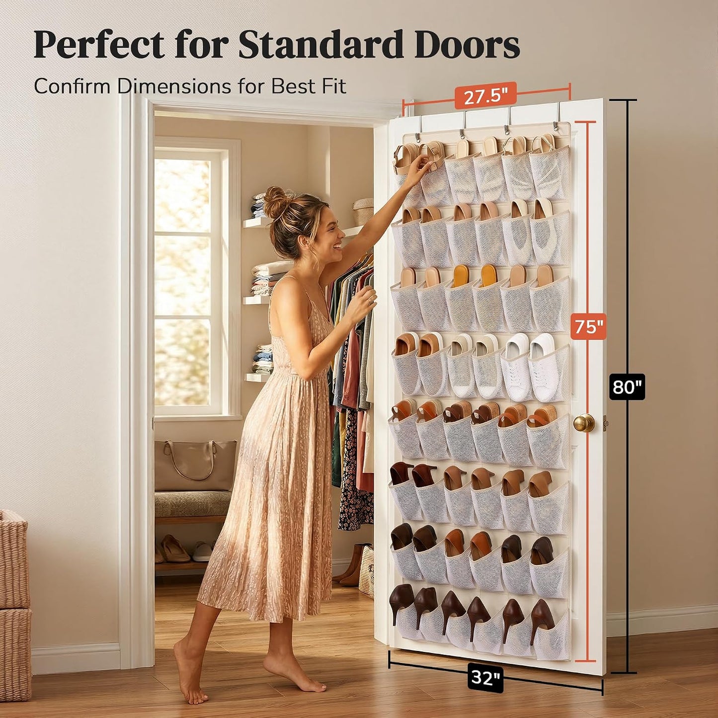 48 Pockets Over the Door Shoe Organizer, Large Mesh Hanging Shoe Rack, 6-Column Heavy Duty Shoe Storage for Sneakers and Heels, Behind Door Holder for Entryway Bedroom Dorm College, Black