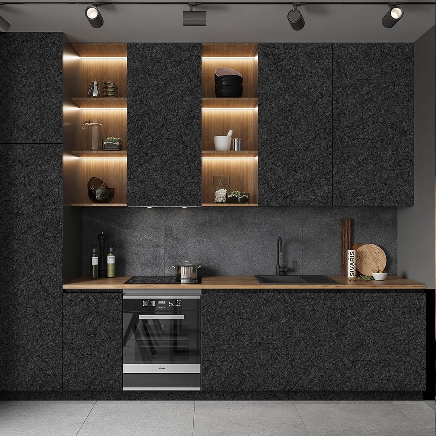 15.7" X 118" Black Silk Wallpaper Embossed Self Adhesive Peel and Stick Wallpaper Contact Paper Removable Waterproof Kitchen Vinyl Wrap Cabinet Furniture Textured Renter Friendly Wall Gift Paper