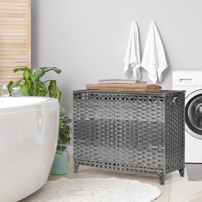 Laundry Hamper with 3 Removable Liner Bags; 132L Handwoven Rattan Laundry Basket with Lid & Heightened Feet; Clothes Hamper with Side Handles; Laundry Sorter with 3 Separate Sections