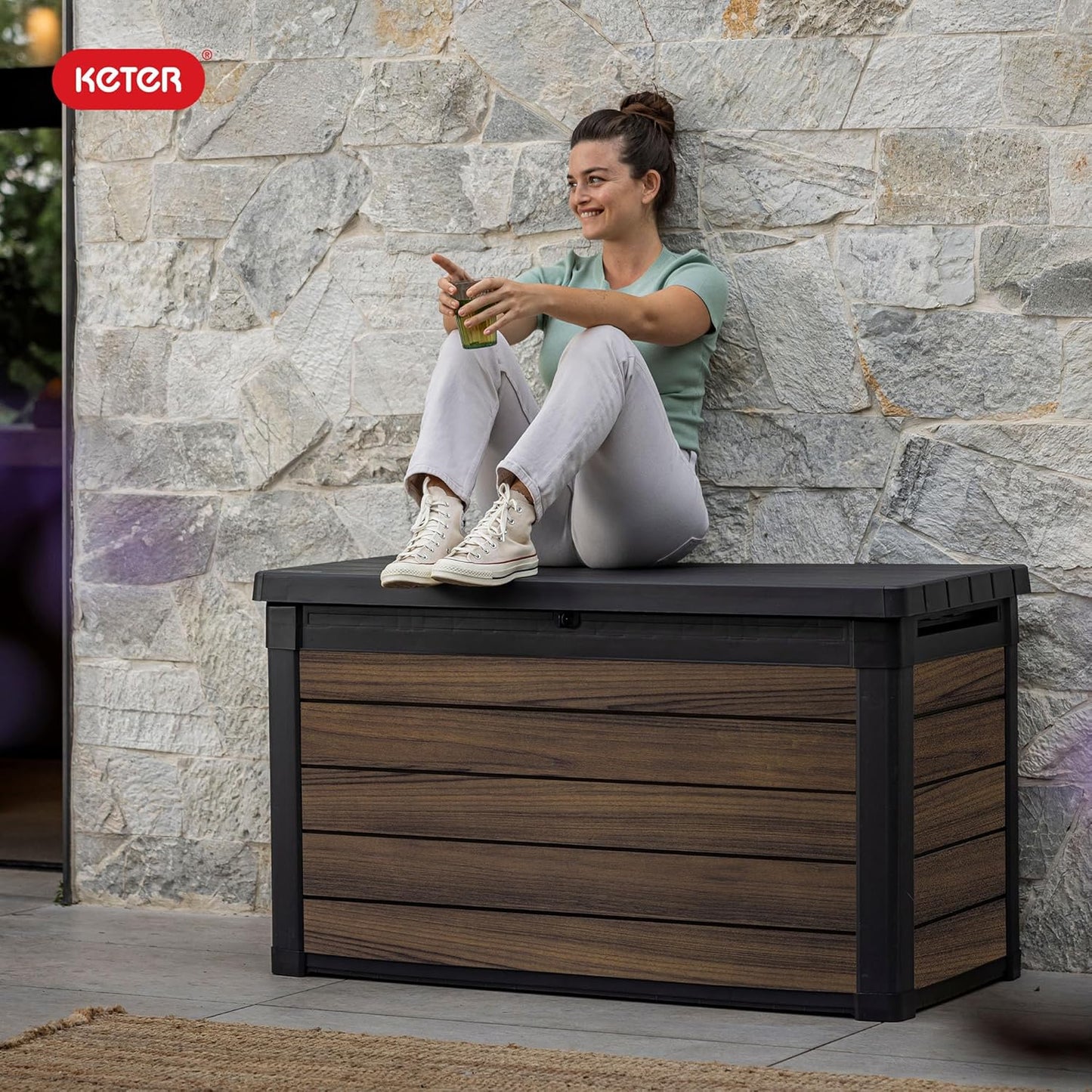 Keter Signature Everwood 30 Gallon Resin Outdoor Storage Box and Patio Furniture Side Table for Pool and Garden Accessories, Walnut