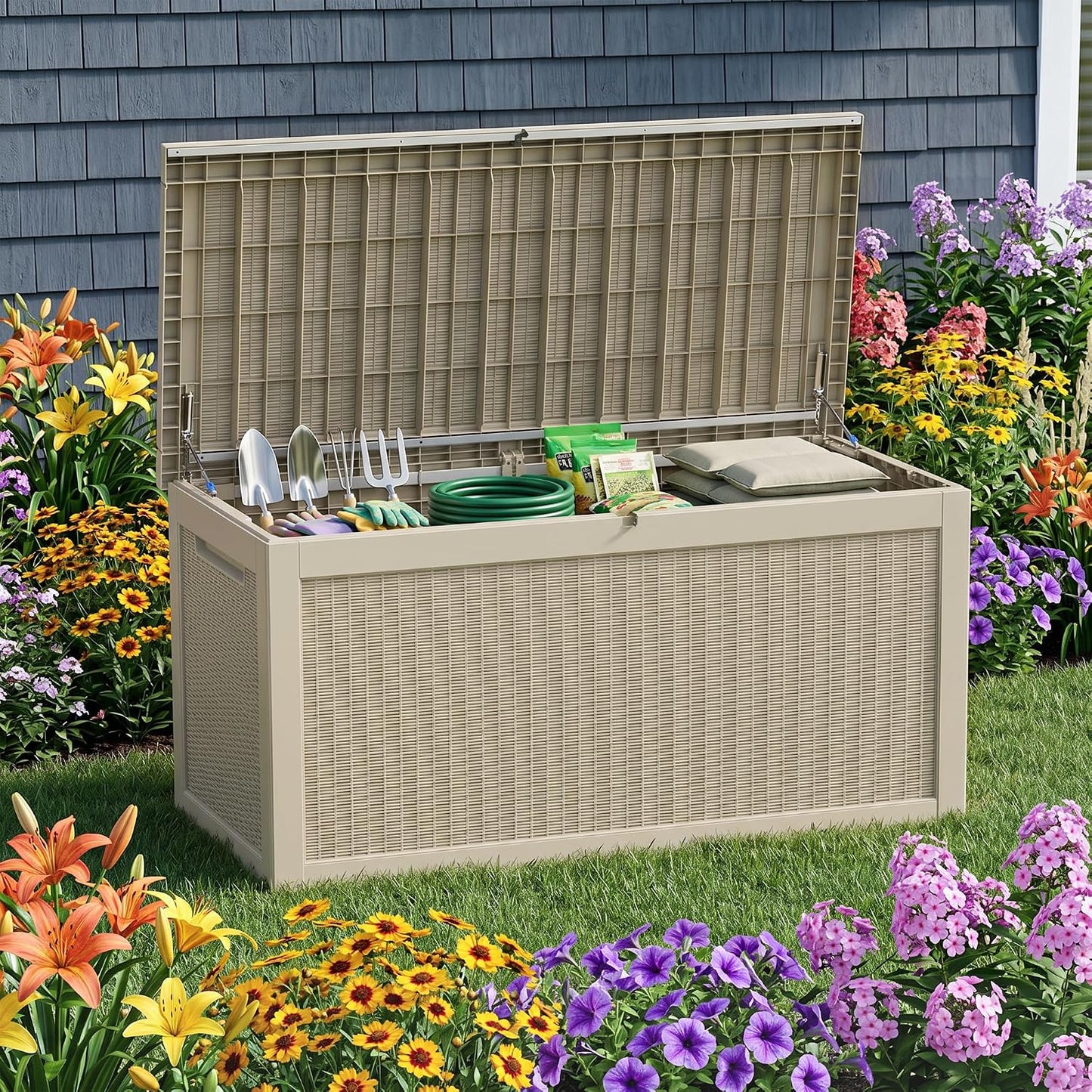 ROJIK 340 Gallon Deck Box Outdoor Waterproof,Weatherproof Outdoor Storage Boxes Lockable with Lid,Outside Resin Storage Bench for Patio Cushions,Garden Tools and Pool Accessories(Black)