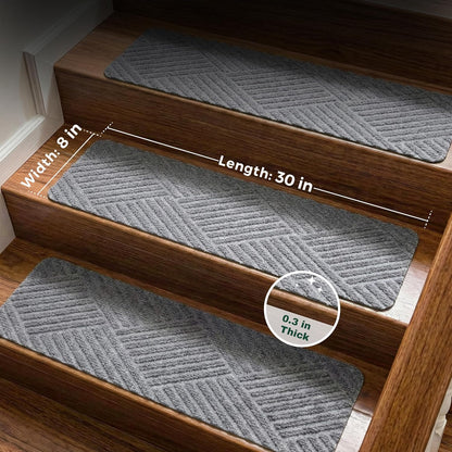MBIGM 8" X 30" (15 in Pack) Non-Slip Carpet Stair Treads Non-Skid Safety Rug Slip Resistant Indoor Runner for Kids Elders & Pets with Reusable Adhesive - Dark Gray Diamond Weave