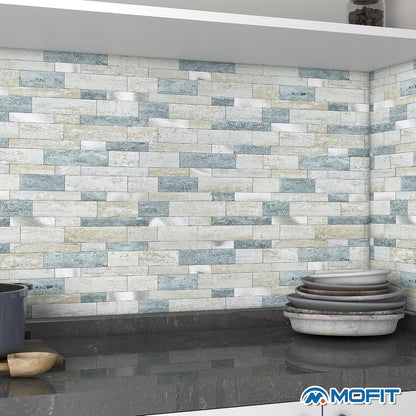 MOFIT Backsplash Tile for Kitchen Peel and Stick Stone Matte Finish,Bathroom Tiles Stickers 3D Wall Panel Linear Mosaic Marble Backsplash Waterproof(10sheets,Blue Green Gray)