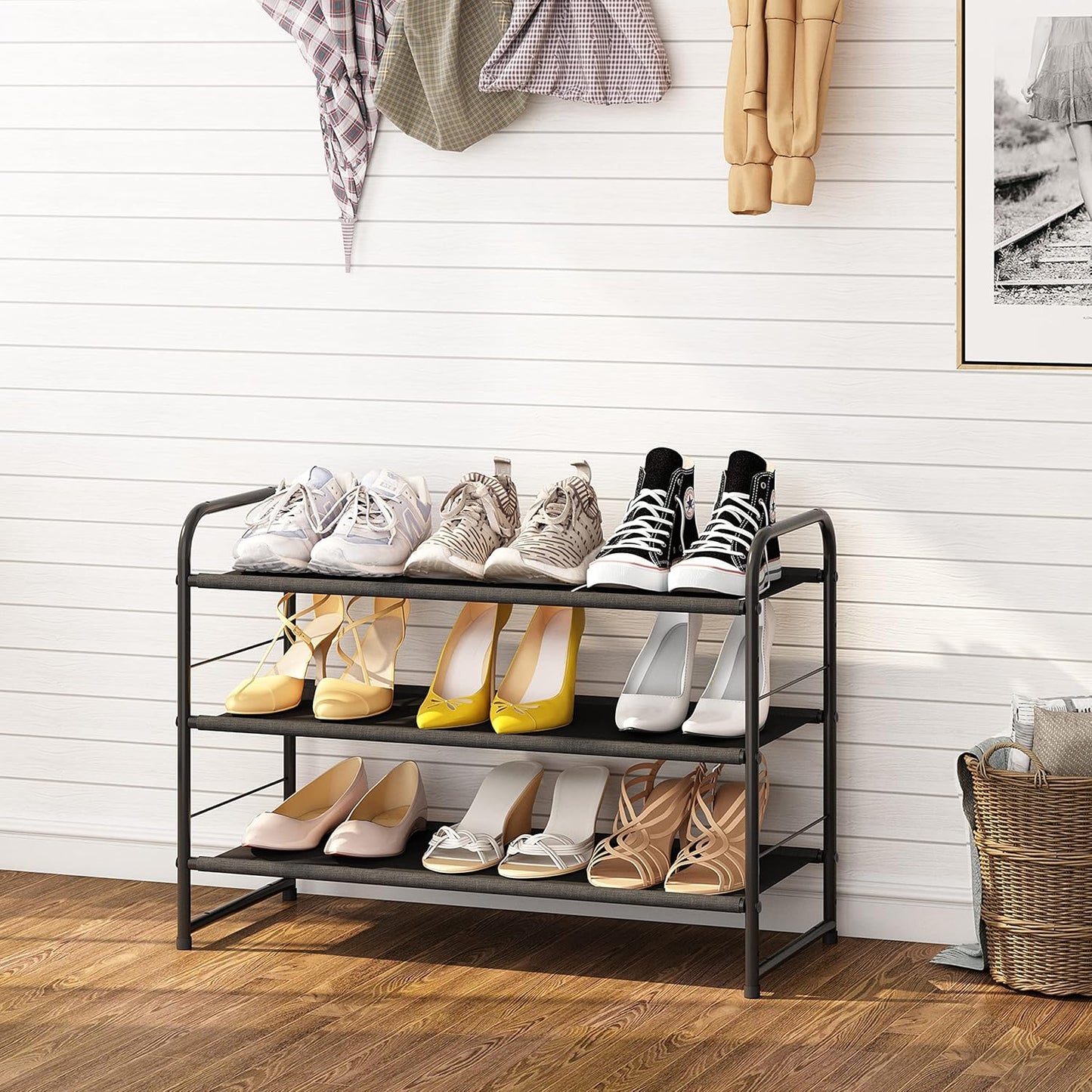 Simple Trending 3-Tier Stackable Shoe Rack, Expandable & Adjustable Shoe Shelf Storage Organizer, Wire Grid, Black