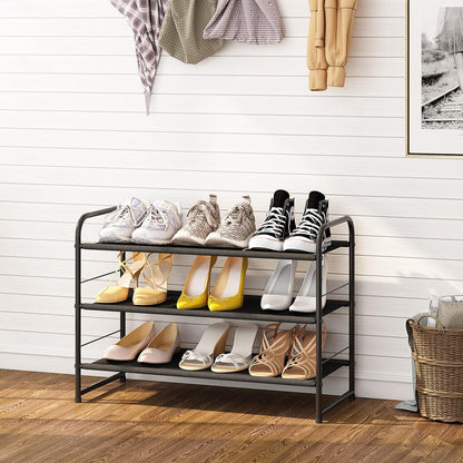 Simple Trending 3-Tier Stackable Shoe Rack, Expandable & Adjustable Shoe Shelf Storage Organizer, Wire Grid, Black