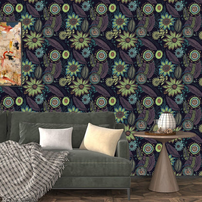 Blue Wallpaper Peel and Stick,Vintage Boho Floral Contact Paper 17.5" x 118", Retro Botanical Flower Wall Paper Self Adhesive Removable Waterproof for Walls Shelves Cabinet Table (Blue,Yellow, Green)