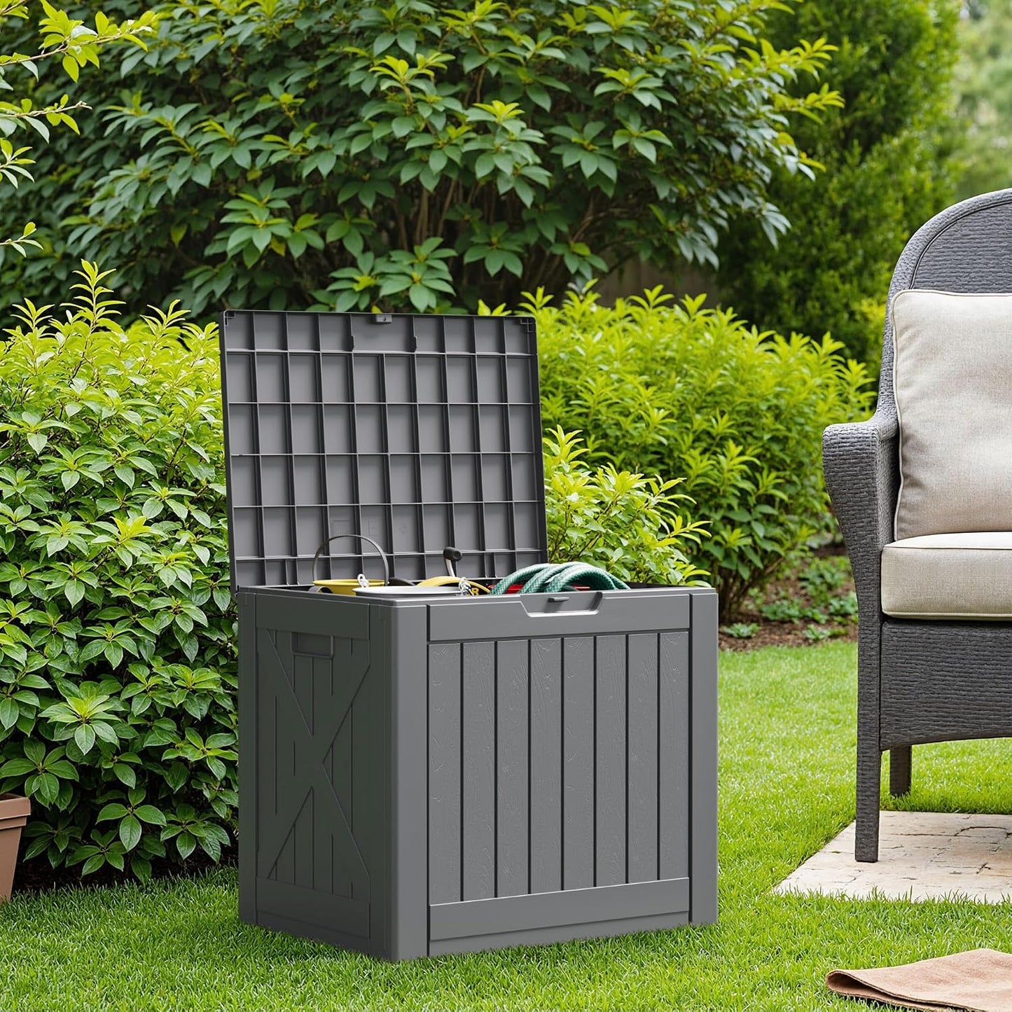 Flamaker Resin Deck Box 120 Gallon Waterproof Large Outdoor Indoor Storage Box Imitation Wood Resin for Patio Furniture Garden Tools and Pool (Black)