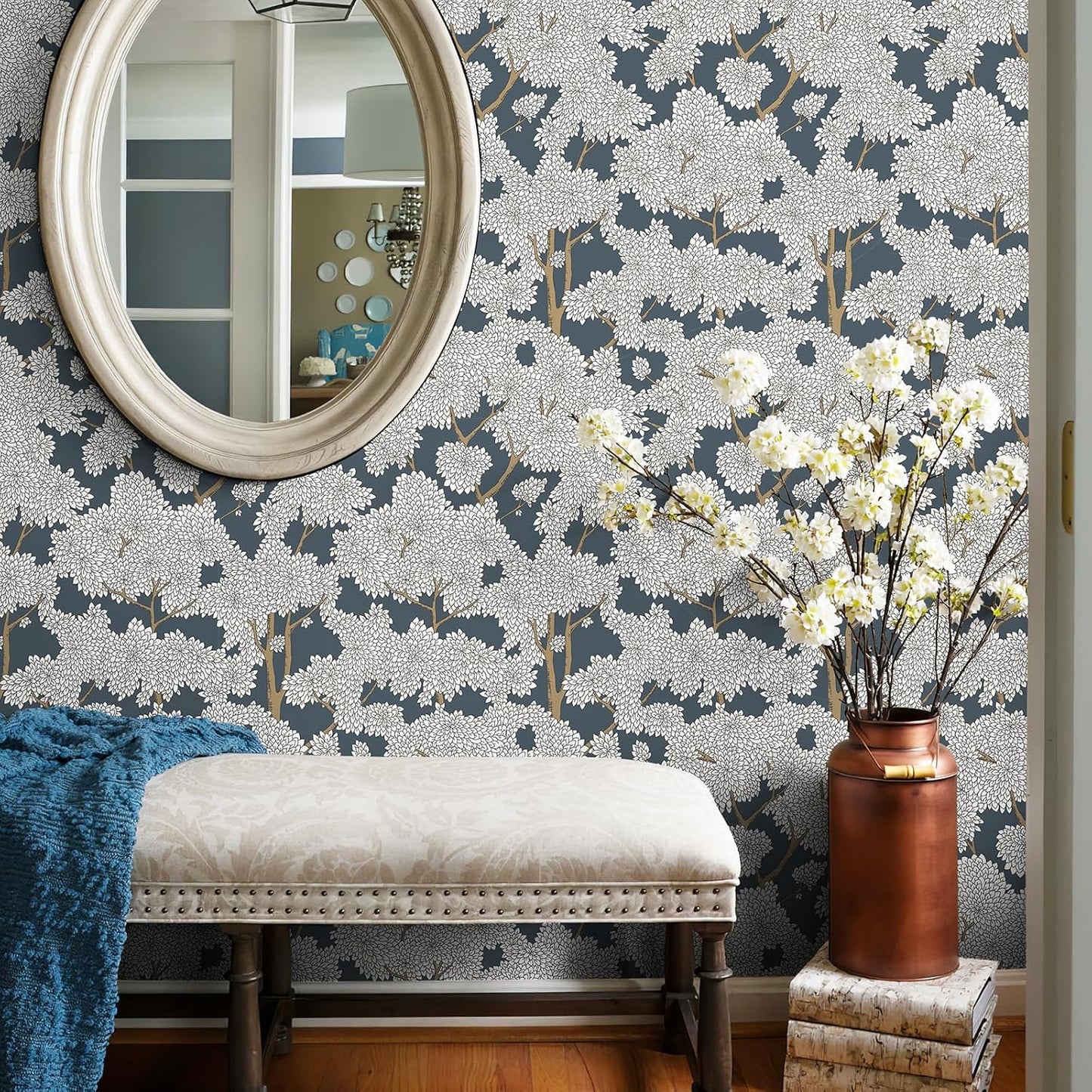 JiffDiff Tree Wallpaper Peel and Stick Jungle Wall Paper Forest Mural Stick on Wallpaper Modern Waterproof Self Adhesive Contact Paper (17.3" x 120" Cream)