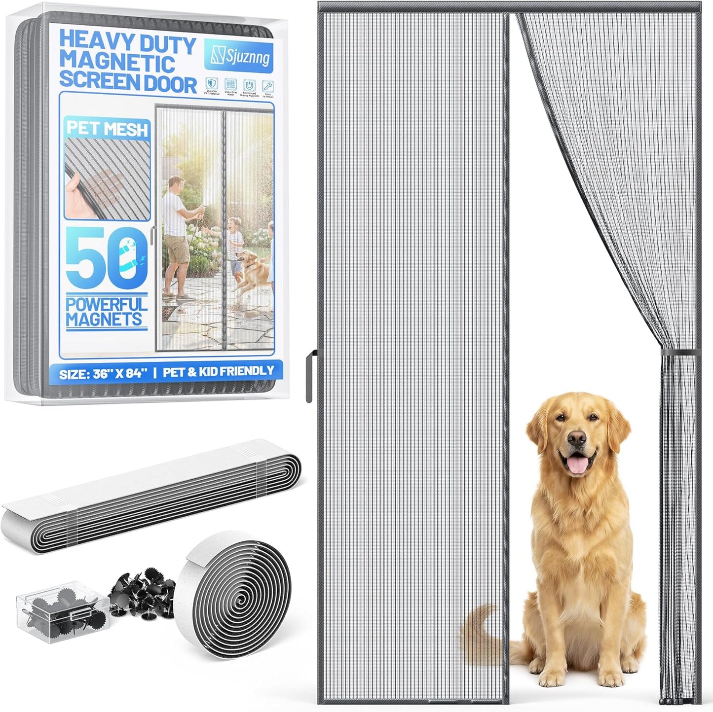 Heavy Duty Magnetic Screen Door Mesh - Auto-Sealing Hand-Free Door Net Screen with 50 Magnets, Pet & Kid Friendly, PET Fine Mesh Doors Screens Keep Bugs & Mosquitos Out Fits Front Doors Size 36” x 82”