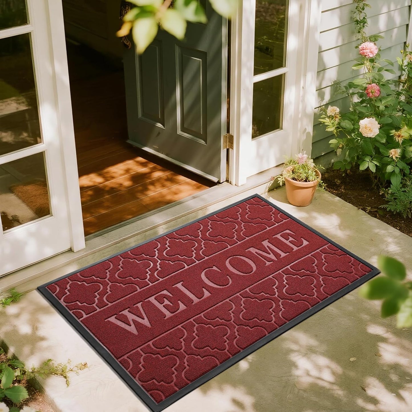 Yimobra Welcome Mat Outdoor Indoor, All-Weather Waterproof Front Door Mat Outside Entrance, Non-Slip Low Profile Porch Patio Doormat, 29.5x17, Black
