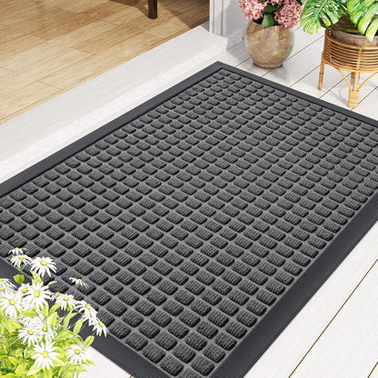 Smiry Front Door Mat Outside Entrance, Heavy Duty Natural Rubber Doormat, Non Slip, Trap Dirt and Moisture, Easy Clean, Low Profile Welcome Floor Mats for Indoor Outdoor Entry, 29.5x17 Inch, Black
