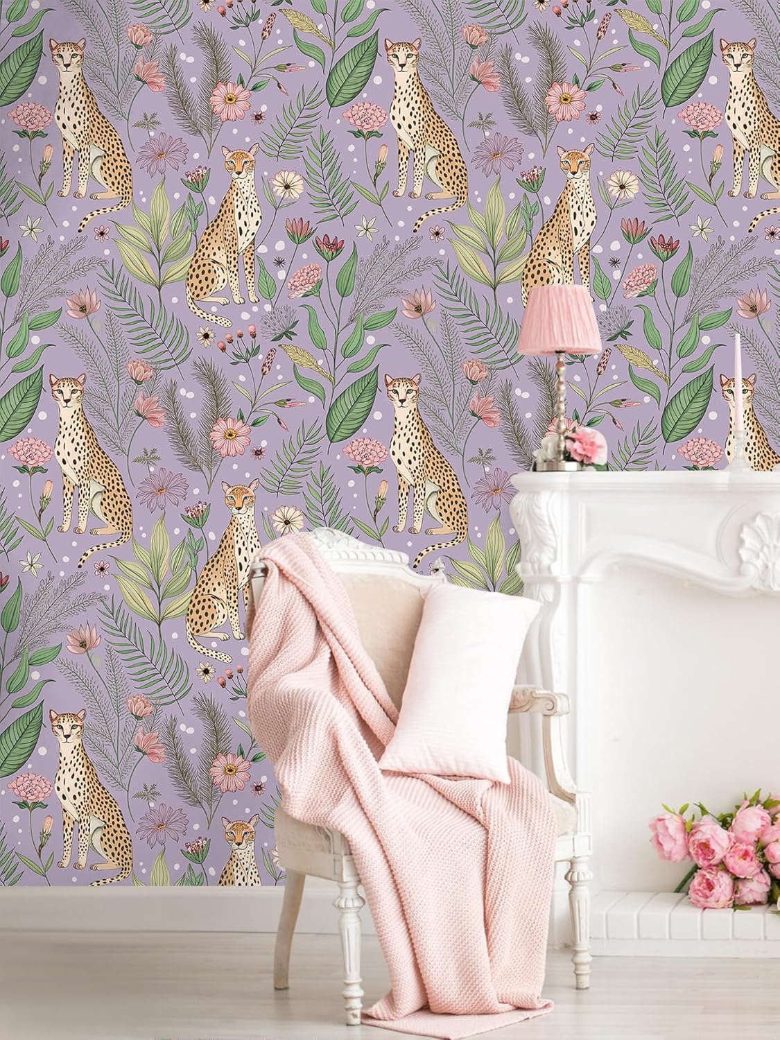 Floralplus Peel and Stick Wallpaper Leopard Jungle Removable Wallpaper for Bathroom Renter Friendly Wallpapers Self Adhesive Animal Floral Contact Paper for Accent Wall 17.5 x 118 in