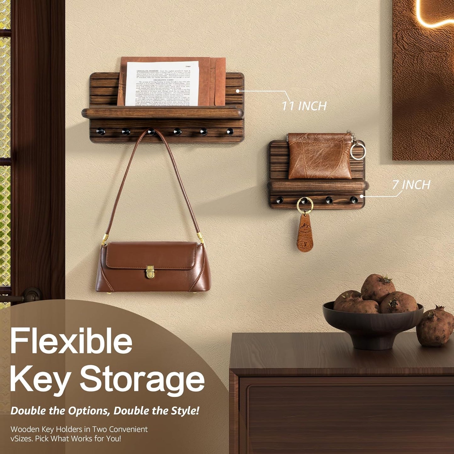 Rebee Vision Farmhouse Key Holder Wall Mount for Home Decor – Decorative Pine Wooden Key Holder for Wall with 6 Hooks & Floating Shelf - Rustic Charm for Room Decor Aesthetic (Brown)