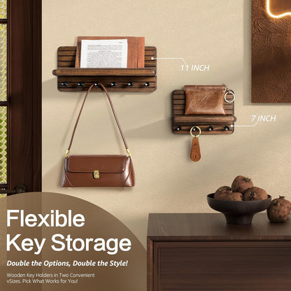 Rebee Vision Farmhouse Key Holder Wall Mount for Home Decor – Decorative Pine Wooden Key Holder for Wall with 6 Hooks & Floating Shelf - Rustic Charm for Room Decor Aesthetic (Brown)