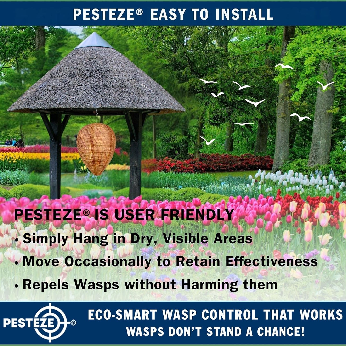 PESTEZE USA Premium Hanging Wasp Nest Decoy [11.8 x 8.6 Inch] — Faux Hornet Hive Deterrent Helps Deter Wasps, Hornets& Yellow Jacket Species Outdoors by Simulating Rival Hives Without Harsh Chemicals