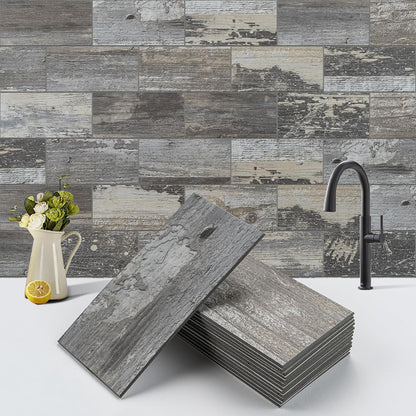 100-Piece Faux Stone Peel and Stick Backsplash Tile, Waterproof Thick PVC Stick On Subway Wall Tile for Kitchen Bathroom Laundry Room Fireplace - 3" x 6", Tan Wood